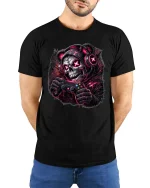 Gamer Skull T Shirt Dark Neon Gaming Skeleton Graphic - model wearing black tee with hands behind back
