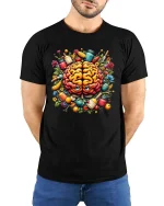 Healthy Brain Food T Shirt Colorful Nutrition Art Design - model wearing black tee with hands behind back