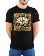 Cute Brain Bird Nest T Shirt Whimsical Nature Art Design - model wearing black tee with hands behind back