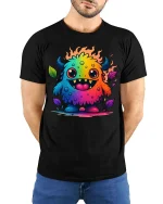 Cute Rainbow Monster T Shirt Colorful Cartoon Fun Design - model wearing black tee with hands behind back
