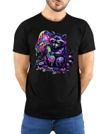 Trippy Raccoon T Shirt Neon Mushroom Psychedelic Art - model wearing black tee with hands behind back