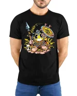 Funny Viking Duck T Shirt Cartoon Warrior Humor Design - model wearing black tee with hands behind back