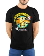 Existential Bread T Shirt Funny Dark Humor Cartoon Art - model wearing black tee with hands behind back