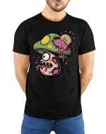 Zombie Mushroom T Shirt Creepy Cute Horror Cartoon Art - model wearing black tee with hands behind back