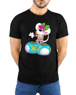 Cute Mouse T Shirt Cartoon Street Style Fun Graphic Art - model wearing black tee with hands behind back