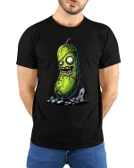 Zombie Pickle T Shirt Funny Creepy Horror Cartoon Art - model wearing black tee with hands behind back