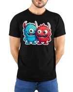 Cute Monster Duo T Shirt Funny Cartoon Best Friends Art - model wearing black tee with hands behind back