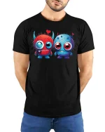 Cute Monster Love T Shirt Funny Cartoon Couple Art Style - model wearing black tee with hands behind back