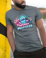 Funny Worry Monster T Shirt Cute Anxiety Cartoon Vibes - model wearing grey tee, leaning on column