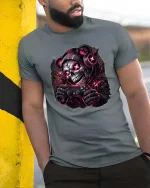Gamer Skull T Shirt Dark Neon Gaming Skeleton Graphic - model wearing grey tee, leaning on column