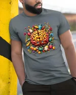 Healthy Brain Food T Shirt Colorful Nutrition Art Design - model wearing grey tee, leaning on column