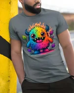 Cute Rainbow Monster T Shirt Colorful Cartoon Fun Design - model wearing grey tee, leaning on column