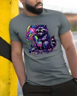 Trippy Raccoon T Shirt Neon Mushroom Psychedelic Art - model wearing grey tee, leaning on column