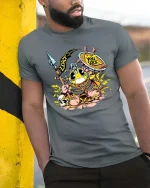 Funny Viking Duck T Shirt Cartoon Warrior Humor Design - model wearing grey tee, leaning on column