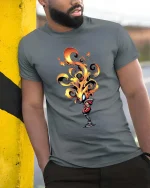 Fire Head T Shirt Cool Flame Character Streetwear Art - model wearing grey tee, leaning on column