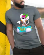 Cute Mouse T Shirt Cartoon Street Style Fun Graphic Art - model wearing grey tee, leaning on column