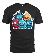 Cute Funny Monster Crew Cartoon T Shirt Colorful Kawaii Style - black t-shirt on white background