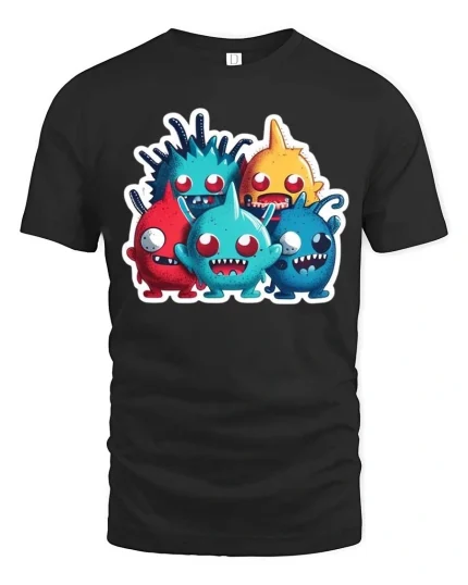 Cute Funny Monster Crew Cartoon T Shirt Colorful Kawaii Style - black t-shirt on white background