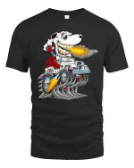 Funny Dog Driving Monster Truck T Shirt Fire Breathing Cartoon - black t-shirt on white background