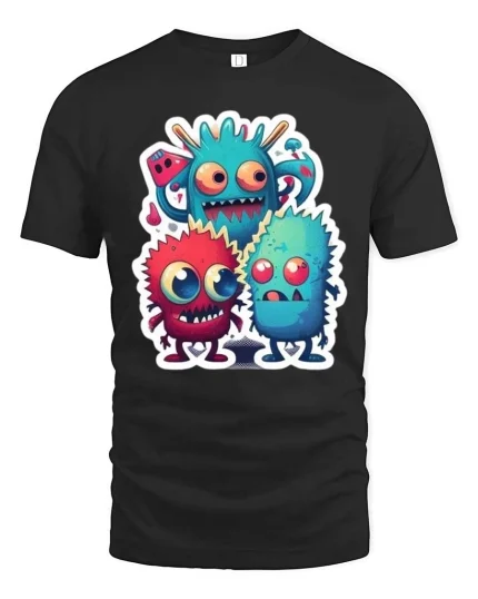 Cute Funny Monster Trio Cartoon T Shirt Colorful Kawaii Design - black t-shirt on white background