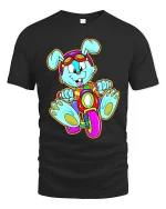 Cute Bunny Riding Bike Cartoon T Shirt Funny Colorful Graphic - black t-shirt on white background
