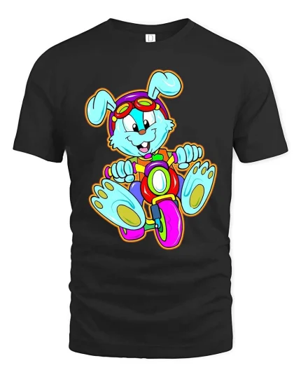 Cute Bunny Riding Bike Cartoon T Shirt Funny Colorful Graphic - black t-shirt on white background
