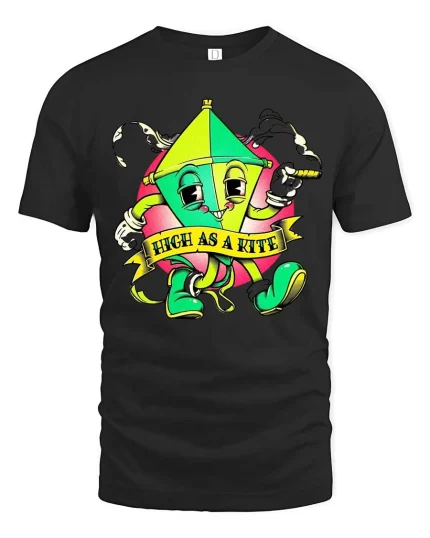 Funny High As A Kite Cartoon T Shirt Cool Chill Graphic Style - black t-shirt on white background
