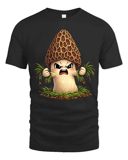 Angry Morel Mushroom Cartoon Tshirt Funny Forest Vibes - black t-shirt on white background
