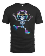 Dancing Skeleton Headphones Tshirt Funny Music Lover Vibe - black t-shirt on white background