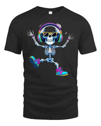 Dancing Skeleton Headphones Tshirt Funny Music Lover Vibe - black t-shirt on white background