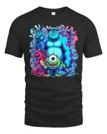 Cute Monster Friends Cartoon Tshirt Colorful Fun Squad Vibe - black t-shirt on white background