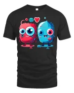 Cute Love Monster Cartoon T Shirt Kawaii Couple Funny Graphic - black t-shirt on white background