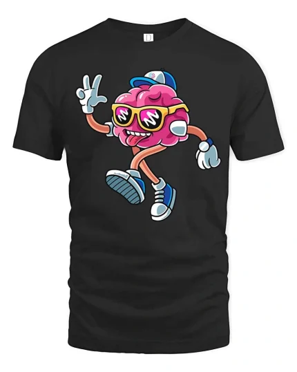 Cool Dancing Brain Cartoon T Shirt Funny Nerd Streetwear Style - black t-shirt on white background