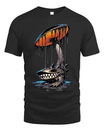 Dark Mushroom Monster Graphic T Shirt Creepy Dripping Art Style - black t-shirt on white background