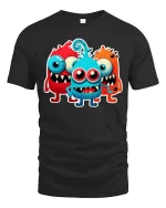 Cute Funny Monster Trio Cartoon T Shirt Colorful Kawaii Design - black t-shirt on white background