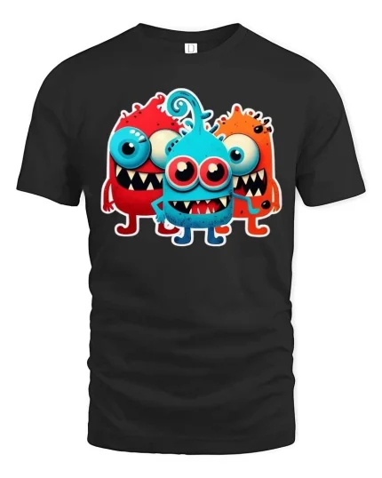 Cute Funny Monster Trio Cartoon T Shirt Colorful Kawaii Design - black t-shirt on white background