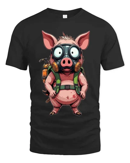 Funny Pig With Gas Mask T Shirt Crazy Cartoon Survival Style - black t-shirt on white background