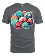 Cute Funny Monster Squad Cartoon T Shirt Colorful Kawaii Style - gray t-shirt on white background