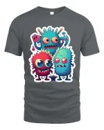 Cute Funny Monster Trio Cartoon T Shirt Colorful Kawaii Design - gray t-shirt on white background