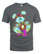 Cute Bunny Riding Bike Cartoon T Shirt Funny Colorful Graphic - gray t-shirt on white background