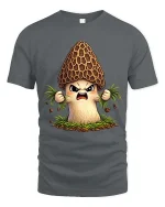 Angry Morel Mushroom Cartoon Tshirt Funny Forest Vibes - gray t-shirt on white background