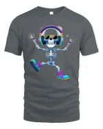 Dancing Skeleton Headphones Tshirt Funny Music Lover Vibe - gray t-shirt on white background