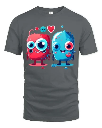 Cute Love Monster Cartoon T Shirt Kawaii Couple Funny Graphic - gray t-shirt on white background