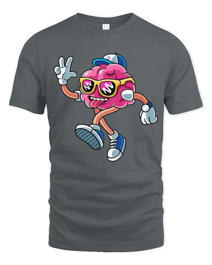 Cool Dancing Brain Cartoon T Shirt Funny Nerd Streetwear Style - gray t-shirt on white background