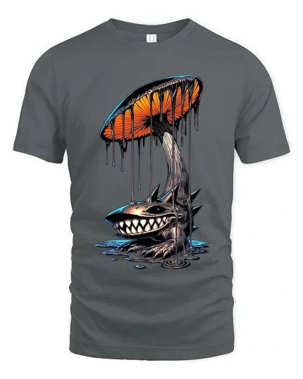 Dark Mushroom Monster Graphic T Shirt Creepy Dripping Art Style - gray t-shirt on white background