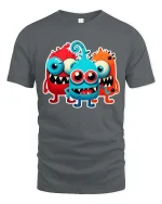 Cute Funny Monster Trio Cartoon T Shirt Colorful Kawaii Design - gray t-shirt on white background