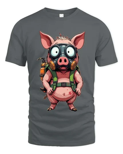 Funny Pig With Gas Mask T Shirt Crazy Cartoon Survival Style - gray t-shirt on white background
