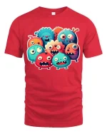 Cute Funny Monster Squad Cartoon T Shirt Colorful Kawaii Style - red t-shirt on white background