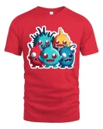 Cute Funny Monster Crew Cartoon T Shirt Colorful Kawaii Style - red t-shirt on white background