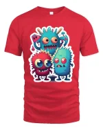 Cute Funny Monster Trio Cartoon T Shirt Colorful Kawaii Design - red t-shirt on white background